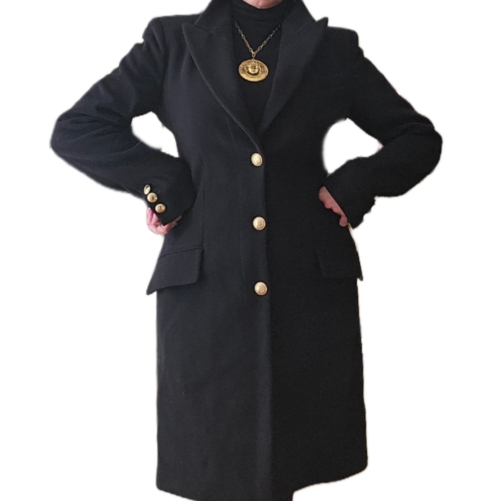Versace Black Cashmere Wool Blend Gold Medusa Button Coat